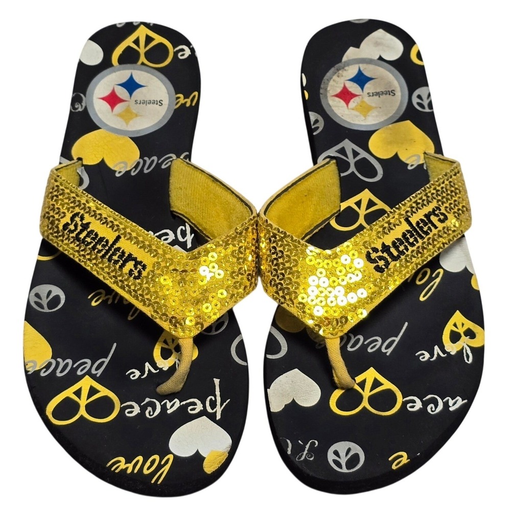 Pittsburgh‎ Steelers Womens M Flip Flops Shoes  Sparkle Sequin Peace Love